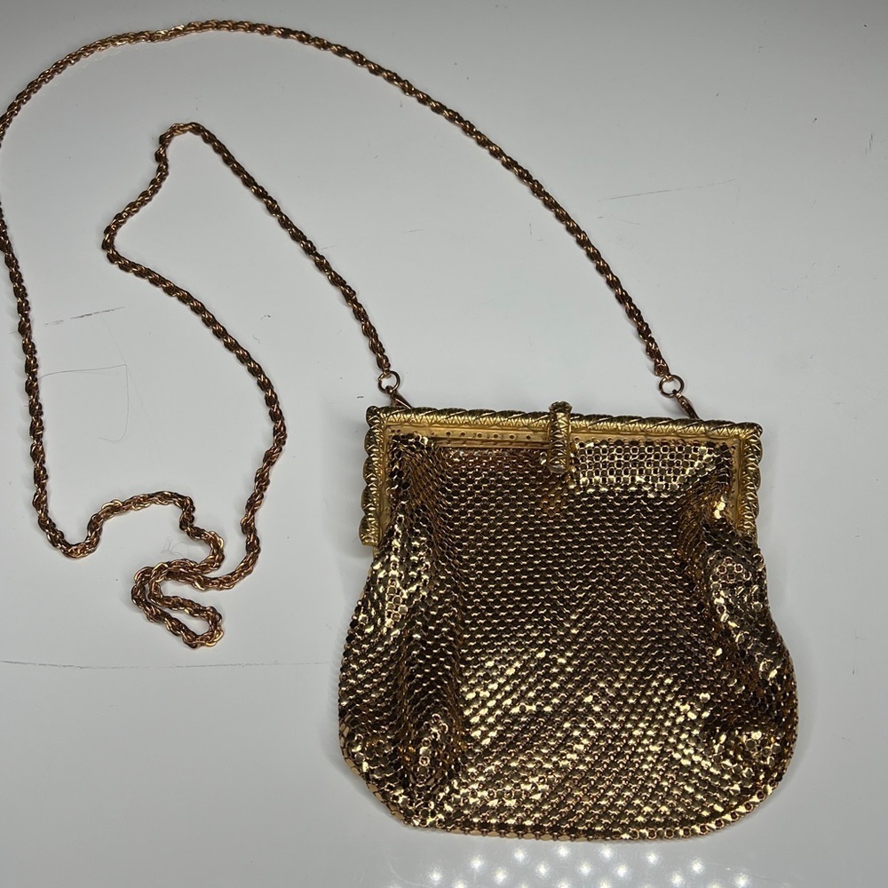 Vintage Metal Gold Mesh Top Frame Clutch Crossbody Bag 22” Detachable Strap